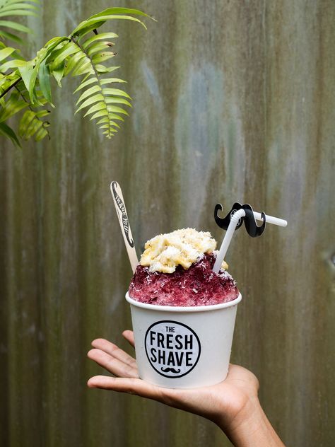 There’s no neon food coloring here, just fresh, farm-to-ice treats. Shaved Ice Business, Shave Ice Hawaii, Ice Cafe, Shaved Ice Recipe, Neon Food Coloring, Ice Blended, Ice Dessert, Snow Cone Stand, Things To Do In Kauai