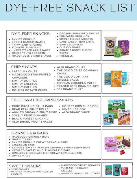 Foods With No Dyes, Dye Free Food List, Red Dye 40 Foods, This Not That Food, Aldi Dye Free Snacks, Baked Fruit Chips, Red Dye Free Foods, Dye Free Snacks, Dye Free Foods