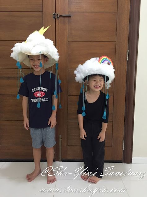 Diy Cloud Hat, Creative Hats For Kids, Rainbow Costume Diy, Crazy Hat Ideas, Lightning Costume, Rain Cloud Costume, Cloud With Rainbow, Cloud Hat, Halloween Costumes For Big Kids