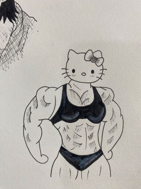 Muscular Hello Kitty Drawing, Hello Kitty Human Drawing, Muscular Hello Kitty, Muscle Hello Kitty, Superheroes Sketch, Dibujos Sencillos Aesthetic, Sigma Drawing, Coraline Flash Tattoo, Hello Kitty Sketch