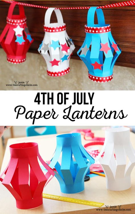 Paper Lanterns, 4th of July Style. This is a fun Kid's Craft for your upcoming 4th of July Festivities. And a great way to keep the kids busy. Fourth Of July Crafts For Kids, Summer Camp Crafts, 4th July Crafts, Hiking Pictures, Patriotic Crafts, Daycare Crafts, Crafty Kids, 4th Of July Decorations, Kids' Crafts