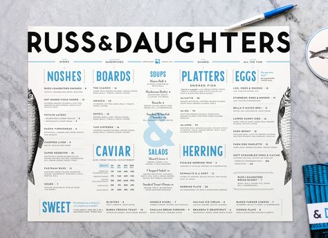 Here's the Menu for Russ & Daughters Cafe, Now Open - Openings - Eater NY Kelli Anderson, Russ And Daughters, Menu Design Inspiration, Menue Design, Menu Online, Menu Layout, Menu Inspiration, Visual Hierarchy, Restaurant Menu Design