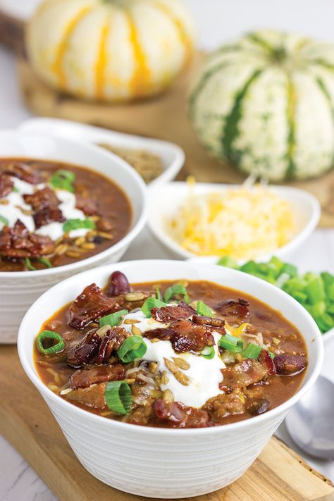 It’s Chili in the Mountains | Chili Cook-Off Recipes | Stratton Magazine Chili Recipe With Bacon, Maple Candied Bacon, Award Winning Chili, Bacon Chili, Recipe With Bacon, Maple Candy, Chili Cook Off, Candied Bacon, Maple Bacon