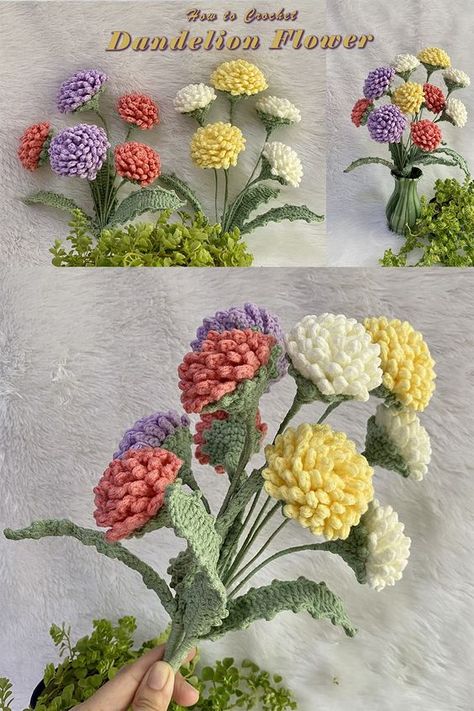 CROCHET FLOWER : How to Crochet Dandelion Flower 💐💐 Crochet Flower Bouquet 💐💐 Crochet Dandelion, Crochet Bouquets, Silly String, Crochet Flower Bouquet, Crochet Garden, Crochet Flowers Easy, Crochet Flowers Free Pattern, Yarn Flowers, Crochet Bouquet