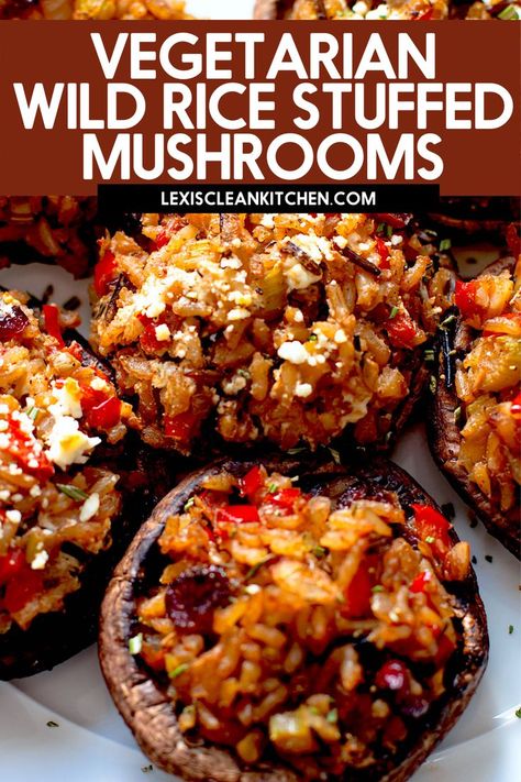 1 reviews · 55 minutes · Vegetarian Gluten free · Serves 4 · Vegetarian or not, you’re going to love these meatless holiday-inspired Wild Rice Stuffed Portobello Mushrooms. These stuffed mushrooms are stuffed with wild rice, cranberries, walnuts and red pepper… More Wfpb Stuffed Mushrooms, Wild Rice Stuffed Peppers, Wild Rice Stuffed Mushrooms, Portabella Mushroom Recipes Vegetarian, Rice Stuffed Mushrooms, Vegetarian Stuffed Portabella Mushrooms, Meatless Stuffing, Fancy Vegetarian Dinner, Vegetarian Thanksgiving Sides