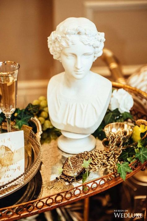 An Ethereal Take on Ancient Greece - Wedding Ideas - WedLuxe Magazine Greek Statues Wedding, Greece Inspired Wedding Decor, Roman Wedding Decor, Wedding Greece Inspiration, Ancient Greece Decor, Greek Mythology Wedding Theme, Gold And Rose Gold Party, Roman Wedding Theme, Ancient Greece Party