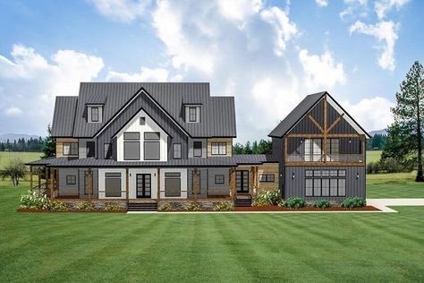 Architectural Designs on Instagram: "Anyone else loving this new Farmhouse plan? 😍😍⁠ ⁠ Modern Farmhouse Plan #46466LA has the DREAM wrap-around porch, as well as an optional man-cave that features a covered porch!⁠ ⁠ The serene owner's suite features a private porch and sitting nook, along with a 5-fixture bathroom and walk-in closet.⁠ ⁠ ⁠ 📐 4,676 Sq Ft⁠⁠⁠⁠ 🛏 5 Bedrooms⁠⁠⁠⁠ 🛁 4.5+ Bathrooms⁠⁠⁠⁠ 🚗 3 Car Garage⁠⁠⁠⁠ 📏 108’-0” Wide x 71’-0” Deep⁠⁠⁠⁠ ⁠ Head over to the Link in Bio or www.archi Sitting Nook, Wraparound Porch, 5 Bedroom House, Farmhouse Plan, Wrap Around Porch, Modern Farmhouse Plans, Bedroom House Plans, Farmhouse Plans, Dream House Plans