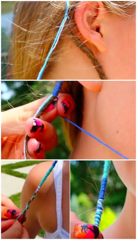 Boho Hair Wrap ~:~ Small strands of hair wrapped with embroidery floss. It gives a pop of color, without coloring your hair. Boho Hair Wrap, Hair Updos Tutorials, Updo Tutorial, Hippie Hair, Boho Hair, Diy Boho, Color Your Hair, Hair Wraps, Boho Diy