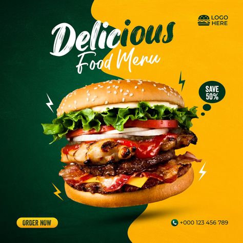 Restaurant Creative Ads, Burger Advertising, Burger Advertisement, Food Advertisement, Photoshop Poster Design, Design Cibo, Burger Specials, Food Graphics, Food Social Media