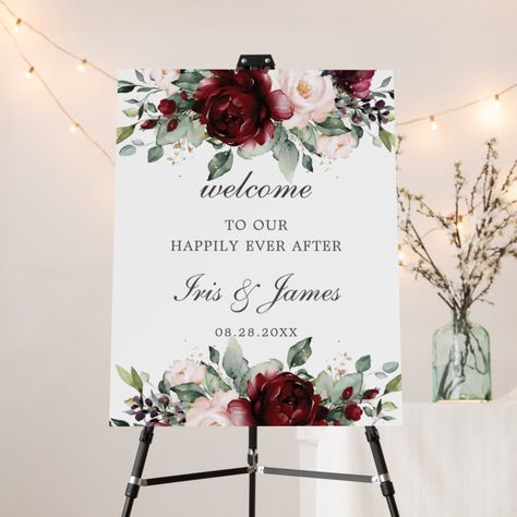 Chic Burgundy Blush Pink Floral Wedding Welcome Editable Template Orange Floral Wedding, Pink And Burgundy Wedding, Burgundy And Blush Wedding, Wedding Welcome Board, Pink Floral Wedding, Red Blush, Rustic Fall Wedding, Theme Color, Wedding Welcome Signs