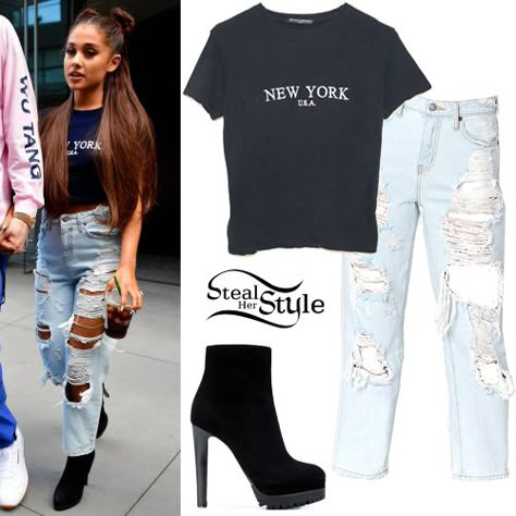 Ariana Grande: 'New York' Tee, Ripped Jeans | Steal Her Style Ariana Grande Outfits Casual Jeans, Steal Her Style Ariana Grande, Ariana Grande Inspired Outfits, Ariana Concert, Ariana Grande Fashion, Ariana Outfits, Ariana Grande Outfits Casual, Ariana Grande Outfits, Steal Her Style