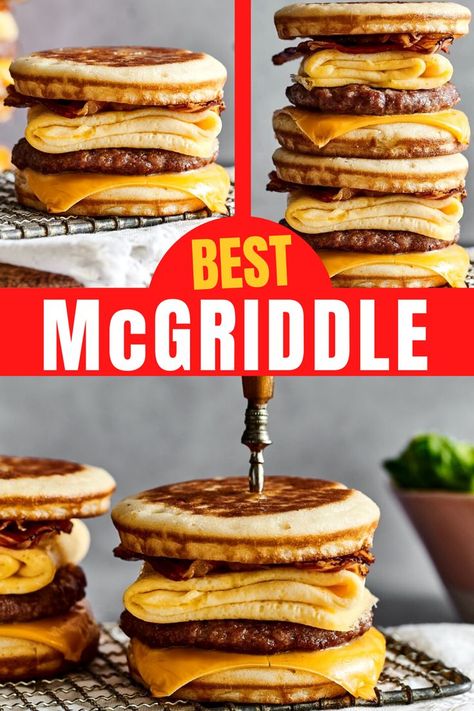 This Homemade McGriddle has a fluffy egg, sausage, bacon, and metly cheese sandwiched between two buttery pancakes. And this McGriddle recipe takes under 30 minutes to make! Honestly, you won't find a better copycat McGriddle than this. Mcgriddle Recipe Copycat Easy, Copycat Mcdonald’s Mcgriddle, Mcgriddle On Blackstone, Mcdonald Mcgriddle Recipe, Loaded Pancakes Breakfast Recipes, How To Make Mcgriddle Pancakes, 30 Minute Breakfast Recipes, Homemade Mcgriddle Breakfast Sandwiches, Homemade Sausage Mcgriddle