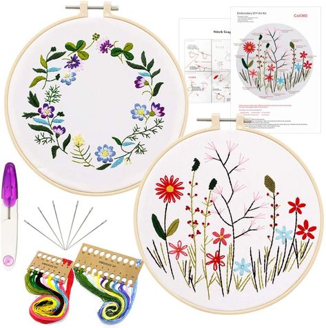 AmazonSmile: 2 Pack Embroidery Starter Kit with Pattern, Cross Stitch Kit Embroidery Kits for Beginners with Plants Flowers Pattern, Plastic Embroidery Hoops, Color Threads and Tools Kit Plastic Embroidery, Embroidery 101, Stamped Embroidery Kit, Cross Stitch Beginner, Creative Arts And Crafts, Embroidery Patterns Free, Flower Ornaments, Embroidery For Beginners, Plants Flowers