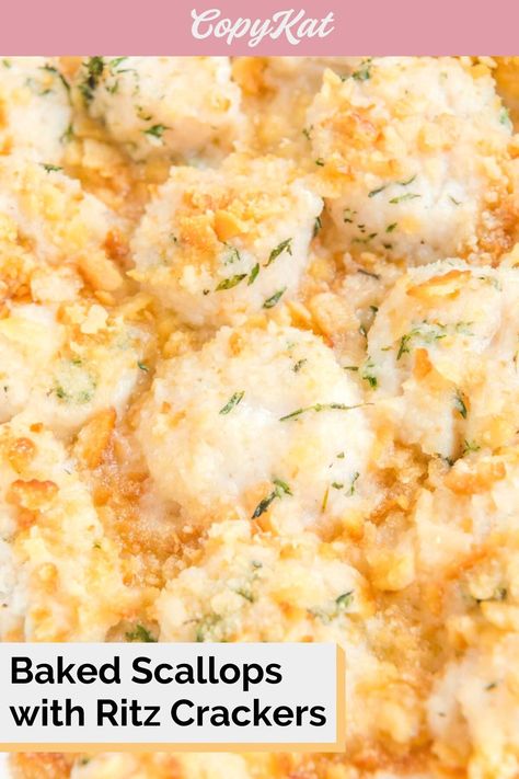 Baked Sea Scallops With Ritz Crackers, Baked Scallops With Ritz Crackers Recipe, Scallop Casserole With Ritz Crackers, Baked Sea Scallops, Baked Scallops With Ritz Crackers, Mini Scallops Recipe, Scollops Recipes Easy, Small Scallops Recipe, Baked Scallop Recipes