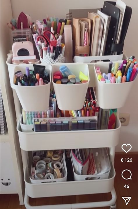 Cart Aesthetic, Sibling Room, Ikea Raskog, Stationary Organization, Art Supplies Storage, Classroom Storage, Art Cart, Desk Inspo, Diy Office