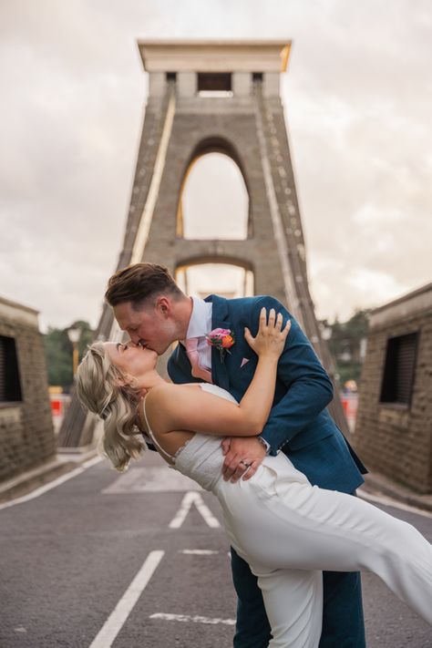 Wedding Couple photographed at Clifton Suspension Bridge, Bristol. Clifton Village, Bridge Wedding, Bristol Wedding, Georgian Architecture, Bristol City, Couples Shoot, Suspension Bridge, Lush Garden, Wedding Story