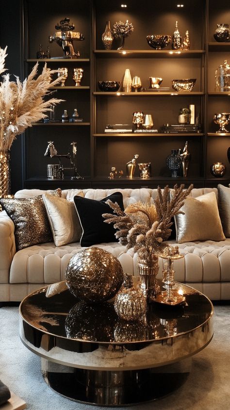 Lux Apartment Living Room, Mystic Living Room, Beige Brown Living Room Ideas, How To Decorate My Living Room, Brown And Gold Living Room Ideas, Brown And Gold Home Decor, Gold Sofa Living Room Ideas, Cozy Dark Living Room Ideas, Brown Gold Living Room