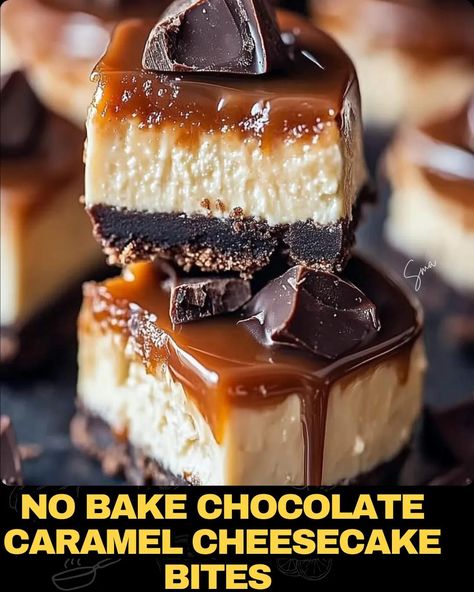 No Bake Chocolate Caramel Cheesecake Bites No Bake Chocolate Caramel Cheesecake, Chocolate Dipped Cheesecake Bites, Chocolate Caramel Cheesecake Bites, No Bake Chocolate Caramel Cheesecake Bites, Salted Caramel Cheesecake Cupcakes, No Bake Twix Cheesecake Recipes, Chocolate Caramel Desserts, Twix Cheesecake Recipe, Chocolate No Bake Cheesecake