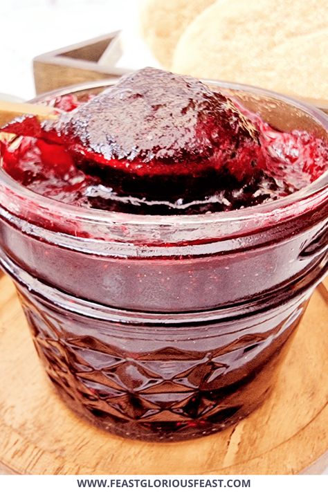 With just two additional ingredients and no pectin needed, this easy Seedless Mixed Berry Jam recipe is easily adaptable to use whatever berries you have on hand. I've used a mix of fresh and frozen strawberries, raspberries, blueberries, blackcurrants and blackberries to make this simple but delicious smooth berry preserve. #FeastGloriousFeast Berry Jam Recipe, Fig Butter, Scotch Pancakes, Mixed Berry Jam, Orange Jam, Peach Salsa, Berry Jam, Jam Recipe, Savory Vegan