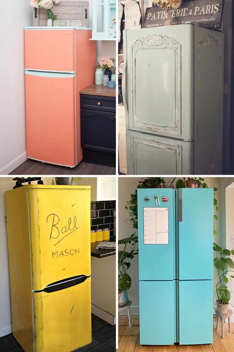 These refrigerator makeovers will STOP you in your tracks! Covering Refrigerator Diy, Old Refrigerator Ideas, Wrapped Refrigerator, Fridge Diy, Refrigerator Makeover, Paint Refrigerator, Fridge Makeover, Painted Fridge, Refrigerator Wraps