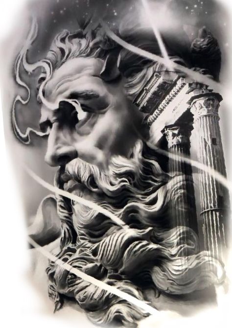 Greek God Tattoo, Poseidon Tattoo, Zeus Tattoo, Heaven Tattoos, Spartan Tattoo, Statue Tattoo, Greek Mythology Tattoos, God Tattoos, Half Sleeve Tattoos For Guys