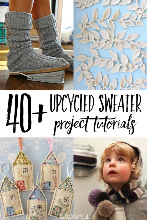 Save those old sweaters and use them for one of these creative upcycled sweater tutorials! Fun ways to use up old wool sweaters for wearing, crafts, decoration, and gifts. Loads of sweater upcycle inspiration here! #sewing #upcycling Old Jumper Upcycle, Felted Jumper Upcycle, Upcycled Sweater Projects, Reuse Sweaters Upcycling Ideas, Clothing Redo Upcycling, Recycled Sweater Crafts, Diy Old Sweaters Ideas Upcycle, Recycled Sweaters Upcycling, Sweater Bags Diy