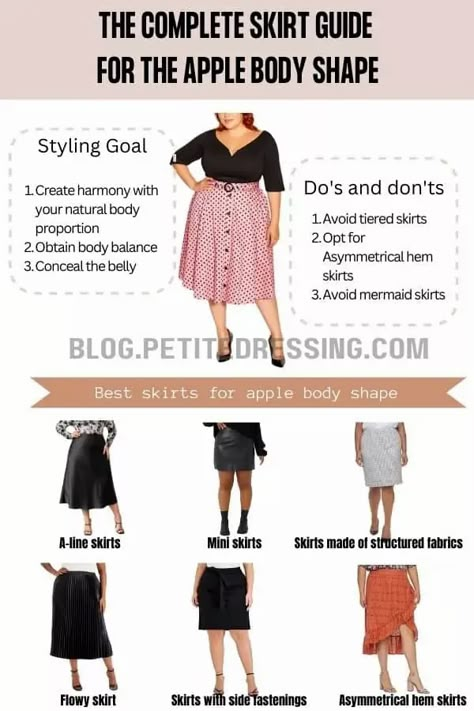 The Complete Skirt Guide for the Apple Body Shape Apple Body Fashion, Apple Shape Outfits Plus Size, Apple Body Shape Clothes, Apple Body Shape Fashion, Apple Body Shape Outfits, A Line Skirt Outfits, Apple Body Shape, Apple Shape Fashion, Apple Body Type