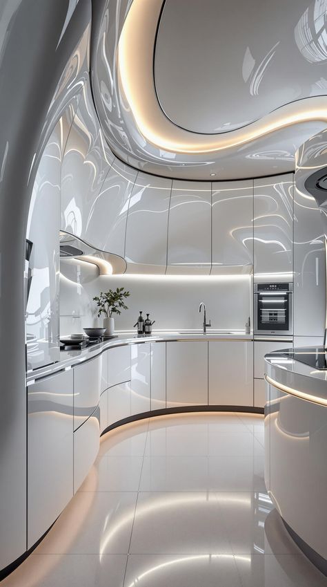 modern kitchen designs Futuristic Kitchen, Secret Bunker, Agriculture Industry, Modern Kitchen Ideas, Leisure Arts, Curved Lines, Design Magazine, Space Age, Travel And Leisure