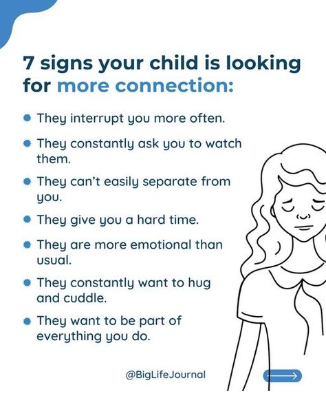 BIG LIFE JOURNAL | Parenting on Instagram: "Kids seek connection in various ways. They might interrupt you more, ask you to watch everything, or give you a hard time. ⏩Swipe to discover the seven signs your child is seeking more connection. Notice any lately? Looking for a fun family activity? Link in. Our Bio to download our “Family Gratitude Challenge” for free! 💗 #biglifejournal #growthmindset #parentlife #positiveparenting #parentingtips #parentinghacks #parentingadvice #momlife #parenting #gentleparenting #consciouparenting #respectfulparenting #peacefulparenting #parentingscript #momtips #intentionalparenting #positivediscipline" Parenting Group Activities, Big Life Journal, Family Gratitude, Positive Parenting Solutions, Love Parents, Gratitude Challenge, Working Parent, Parenting Knowledge, Parenting Solutions