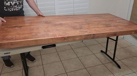 This post was transcribed by a member of the Hometalk editorial team from the original HometalkTV episode.My wife has an old game table that we have in the corner of our room, and I wanted to spruce it up. How To Make Wood Top For Folding Table, Fold Over Table Top, How To Make A Wood Table Top, Wooden Top For Folding Table, Folding Table Storage Ideas, Wooden Folding Table Diy, Wood Table Top For Folding Table, Metal Picnic Table Makeover, Plastic Foldable Table Makeover