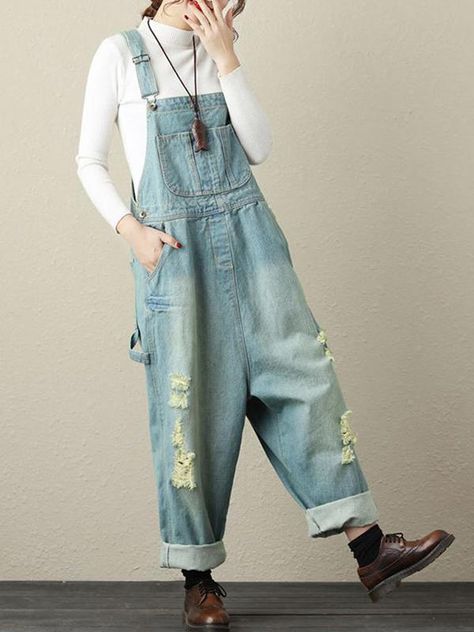 Women’s Ripped Denim Light Blue Casual Baggy Overall Dungarees - Eva Trends Baggy Dungarees Outfit Aesthetic, Ripped Denim Overalls, Baggy Overalls, Jeans Overall, High Fashion Looks, Skirt Denim, Skirt Maxi, Patchwork Jeans, Modest Clothing