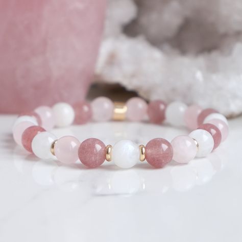 Jewellery for your journey Pink Quartz Bracelets, Strawberry Quartz Bracelet, Pink Quartz Bracelet, Rose Quartz Bracelet Beads, Moonstone Gemstones, Beautiful Energy, Semi Precious Stone Bracelet, Vintage Jewelry Ideas, Healing Gemstone Bracelets