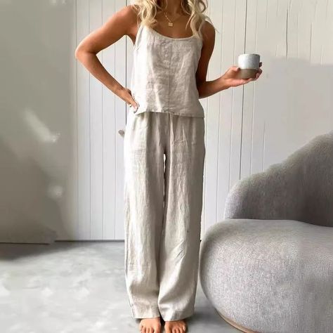 Two-piece Cotton Linen Loungewear, Pajamas, Casual Set To shop: find this product in highlights 'new arrival' or visit lageshop.com link in bio. Homewear Outfit, Button Suspenders, Linen Outfits, Linen Pajamas, Pockets Pants, Pantsuits For Women, Y2k Outfits, Linen Pants Women, Casual Sets