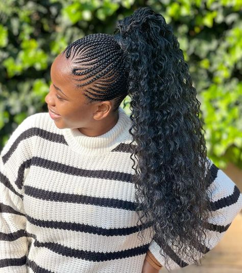 Cornrows With Curly Ponytail, Cornrows With Ponytail Weave, Cornrows And Curly Weave, Ponytail Cornrows Black Women, Braids With Curly Ponytail, Trendy Cornrows Black Women, Pony Braid Hairstyles, Curly Braided Ponytail, Hair Styles Cornrows