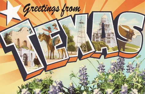 Vintage Postcard Design, Texas Aesthetic Vintage, Greetings From Postcard, Texas Prints, Texas Illustration, Postcard Design Inspiration, Texas Postcard, Greetings From, Postcards Inspiration