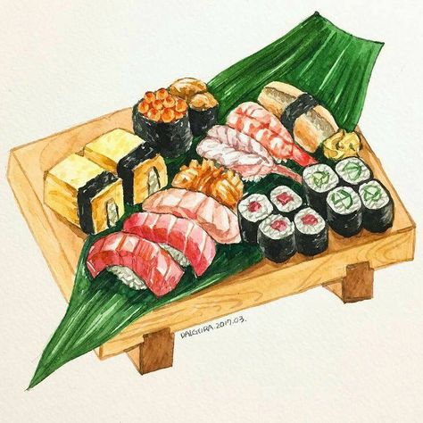 Food art Sushi Drawing, Japanese Food Illustration, 귀여운 음식 그림, Food Artwork, Food Sketch, Sushi Art, Food Cartoon, Food Illustration Art, Watercolor Food