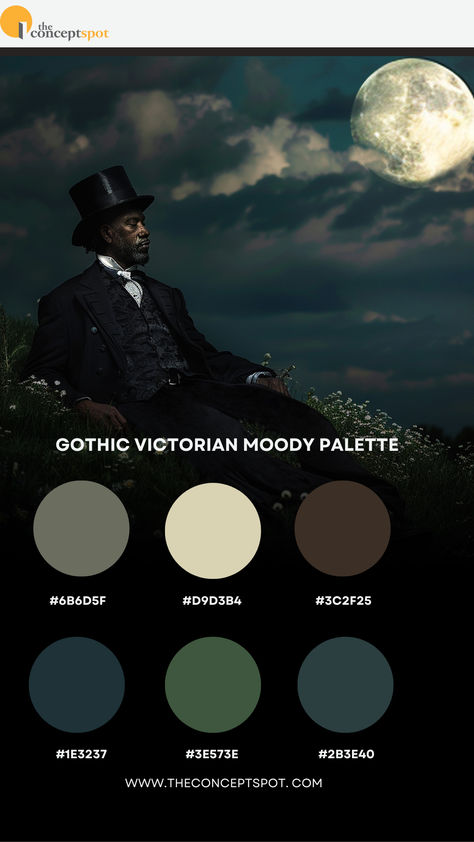 Handsome gentleman dressed in a tux and top hat sits on a hill sprinkled with small flowers at night. A full moon peeks out behind clouds. Haunted Forest Color Palette, Dark Green Blue Color Palette, Witchy Color Palette Bedroom, Dark Witchy Color Palette, Goth Palette, Victorian Gothic Color Palette, Dark Academia Color Scheme, Goth Colour Palette, Haunted House Color Palette