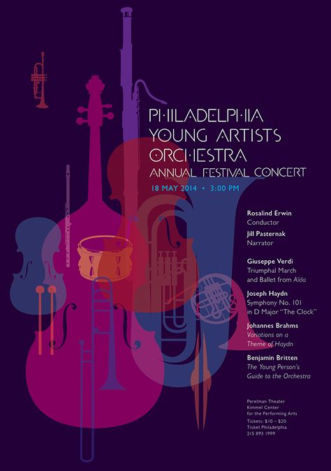 Philadelphia Youth Orchestra (PYO) posters for the performance's at the Kimmel Center for the Performing Arts, Philadelphia. Recital Poster, Classical Music Poster, Flyer Inspiration, Concert Poster Design, Music Concert Posters, Concert Flyer, Jazz Poster, Music Festival Poster, Creative Flyer Design