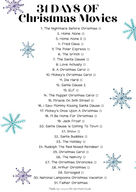 December Movies List, Christmas Movies To Watch Every Day Of December, Movies To Watch List Christmas, Christmas Movies Marathon, Winter Movie Bucket List, Netflix Movies To Watch Christmas, Movies To Watch In December, Christmas Movies List Aesthetic, Christmas Film List