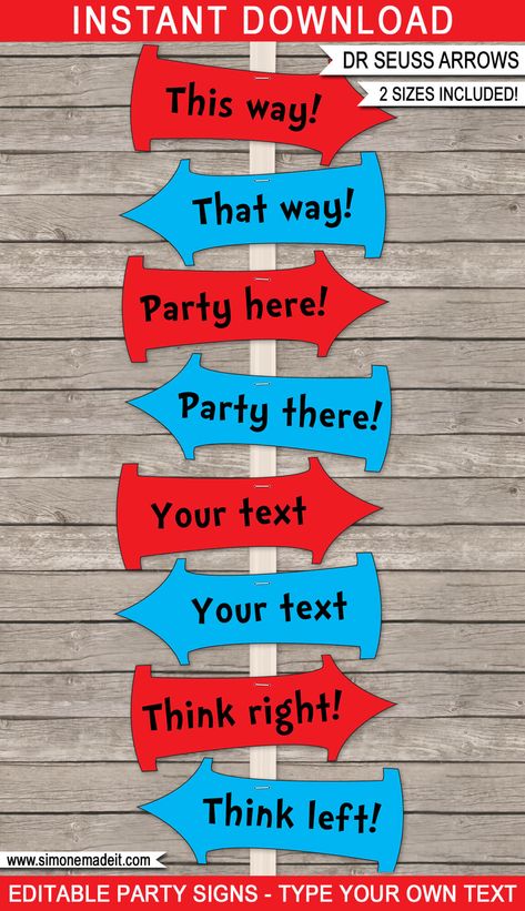 Dr Seuss Halloween Decorations, Dr Seuss Party, Dr Seuss Photo Booth, Dr Seuss Party Decorations, Dr Seuss Directional Signs, Airplane Party Printables, Dr Seuss Food Labels, Dr Seuss Cubby Tags, Dr Seuss Classroom Theme