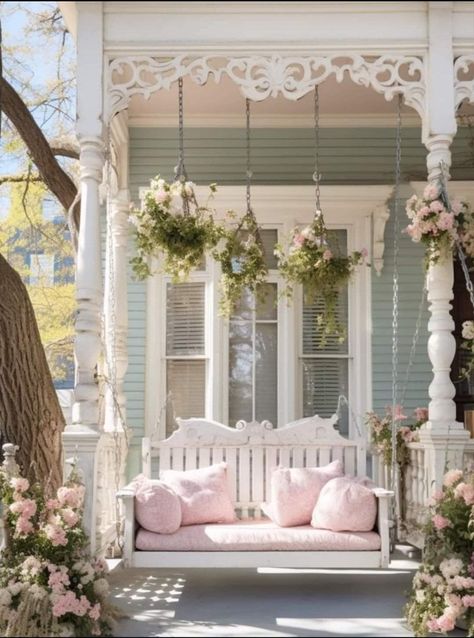 Victorian Homes Pink, Shabby Chic Exterior, Shabby Chic House Exterior, Victorian Houses Exterior, Victorian Cottage House, Victorian House Aesthetic, Victorian Patio, Victorian Cottage Decor, Aesthetic Porch