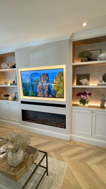 Media Wall Shelves, Dinner In The Garden, Wall Units With Fireplace, Have A Lovely Evening, Living Room Decor Brown Couch, Skimming Stone, Built In Electric Fireplace, Studio Apartment Living, Built In Shelves Living Room