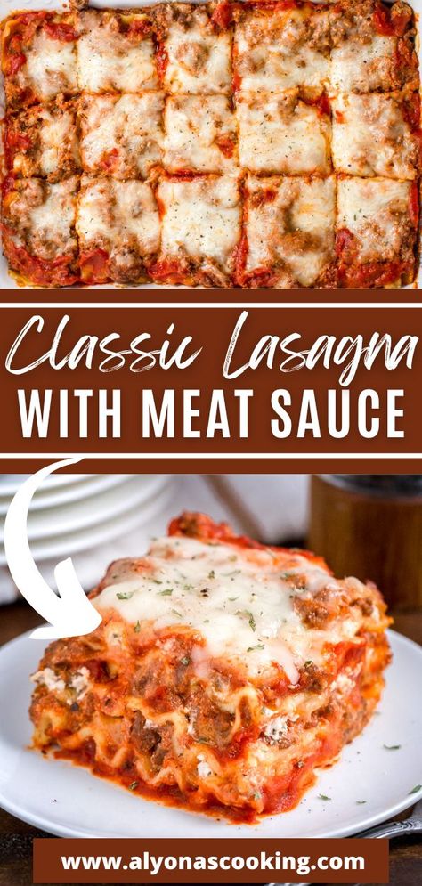 This Classic Lasagna with Meat Sauce recipe will give you all the flavors you know and love! This Italian lasagna recipe is easy to make and takes less than 30 minutes to prep. Simply layer lasagna noodles between ricotta cheese and a delicious ground beef sauce. You’ll never want to make another lasagna recipe again! Easy Lasagna Recipes Ground Beef, Lasagna Recipe Easy No Ricotta, Crazy Good Lasagna, Lasagna Recipe Cooked Noodles, Easy Homemade Lasagna Simple, Easy Baked Lasagna, Cozy Cook Lasagna, Lasagna Recipe With Cooked Noodles, Meat Sauce Lasagna Recipe