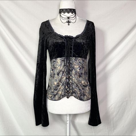 vintage whimsigoth blouse vintage y2k whimsigoth... - Depop Whimsigoth Inspiration, Whimsigoth Shirt, Vintage Whimsigoth, Velvet Flares, Dark Fairy, Flare Sleeves, Romantic Lace, Bell Sleeve Blouse, Fashion Board