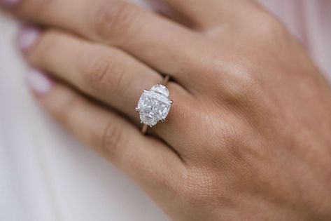 Elongated Cushion Three Stone, Moon Cut, Elongated Cushion Cut, Measure Ring Size, Elongated Cushion, Trilogy Ring, Cushion Cut Moissanite, Types Of Diamonds, Ring Moissanite