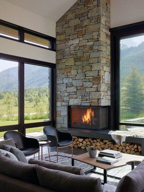 Top 70 Best Corner Fireplace Designs - Angled Interior Ideas Design Camino, Living Area Design, Interior Design Per La Casa, Corner Fireplace, Trendy Living Rooms, Big Windows, Home Fireplace, Modern Fireplace, Elegant Living Room