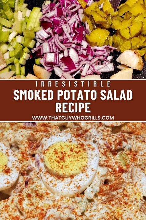 This Smoked Potato Salad Recipe makes the perfect side dish for any potluck or BBQ cookout! Use Smoked Baked Potatoes to add rich, smoky flavors to classic potato salad! Perfectly smoked potatoes, fresh herbs, crunchy veggies, and a homemade dressing make this dish a must-try for any barbecue or picnic. Pin this to your potato recipes Pinterest board for later. Smoked Sides Dishes For Bbq, Smoked Potato Salad, Smoked Sides, Spicy Potato Salad, Smoked Baked Potatoes, Russet Potato Recipes, Smoked Potatoes, Cookout Recipes, Cookout Sides