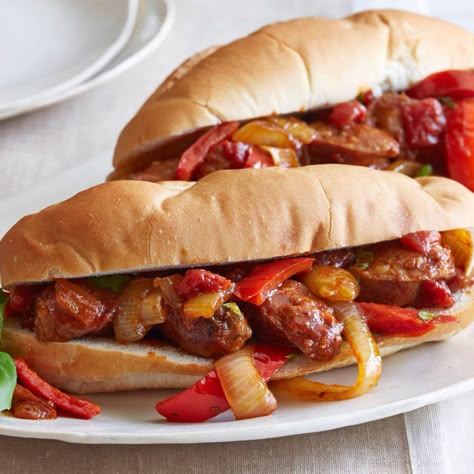 Highest Rated Recipes, Giada De Laurentiis Recipes, Healthy Breakfast Sandwich, Sausage Peppers And Onions, Italian Street Food, Sausage Peppers, Meatball Sandwich, Sweet Italian Sausage, Sausage And Peppers