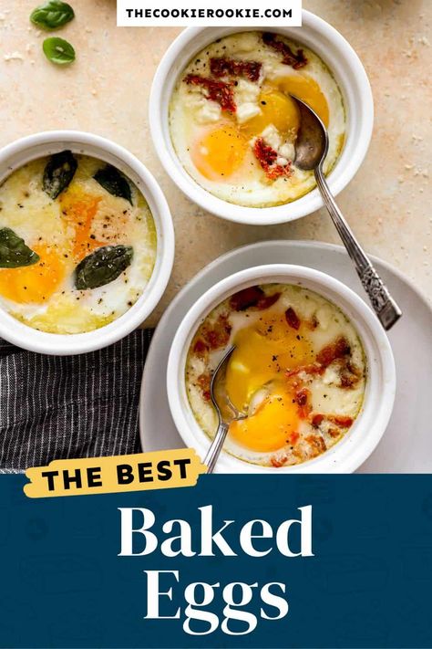 Baked Eggs are a quick and simple dish that only requires a couple of basic ingredients and 15 minutes in the oven. You can create endless variations on these easy baked egg cups by mixing in your favorite ingredients. It's the best way to cook eggs when everyone wants their own unique version for brunch or breakfast! Egg In A Hole Oven, Eggs Baked In Oven, Bake Eggs In Oven, Breakfast Ramekins, Baked Eggs Oven, Eggs In Ramekins, Oven Eggs, Bake Eggs, Oven Baked Eggs