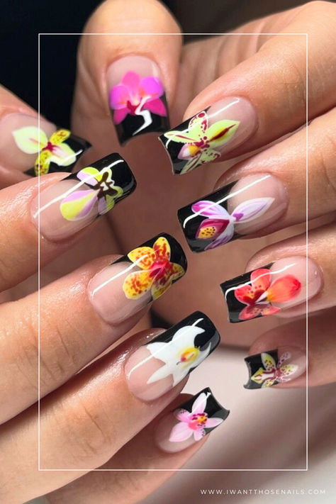 Orchid Nails Garden Nail Art, Orchid Nails, Black French Nails, Nail Shimmer, Nails Today, Vacation Nails, Fire Nails, Floral Nails, Flower Nails